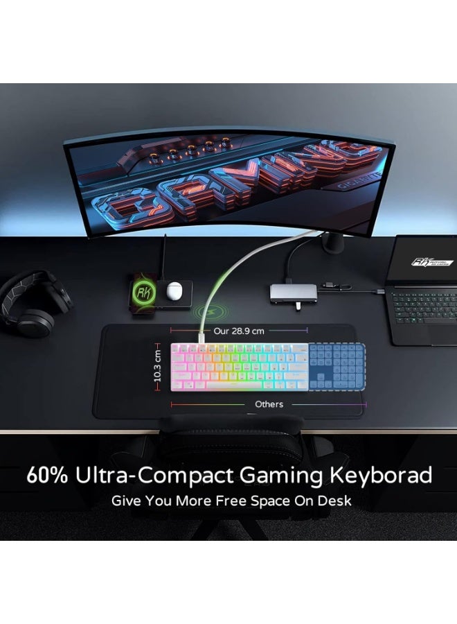 لوحة مفاتيح الألعاب الميكانيكية GK-806، لاسلكية بنسبة 60%، تدعم الاتصال عبر البلوتوث والسلكي، مزودة بمفاتيح OUTEMU الزرقاء القابلة للتبديل السريع، وإضاءة RGB LED، وخاصية منع التداخل، ومنفذ USB-C قابل للفصل، وأغطية مفاتيح مزدوجة الطبقة، و61 مفتاحًا بتصميم فائق الصغر. - Image 3